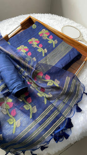 Ethereal Threads Navy Blue Jamdani Muga Silk Unstitched Suit Set